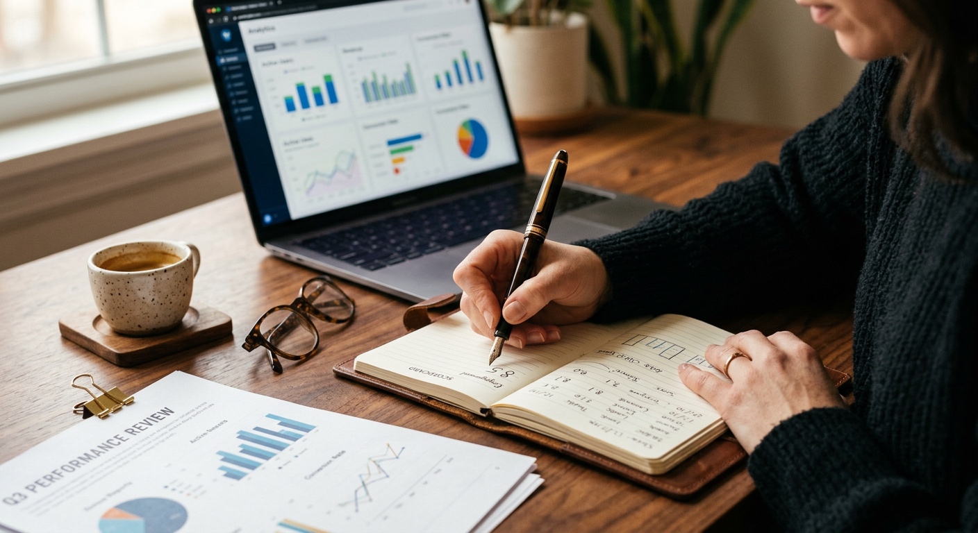 Lead scoring — ruka analytika píše scoring hodnoty do notebooku, v pozadí laptop s analytickým dashboardem