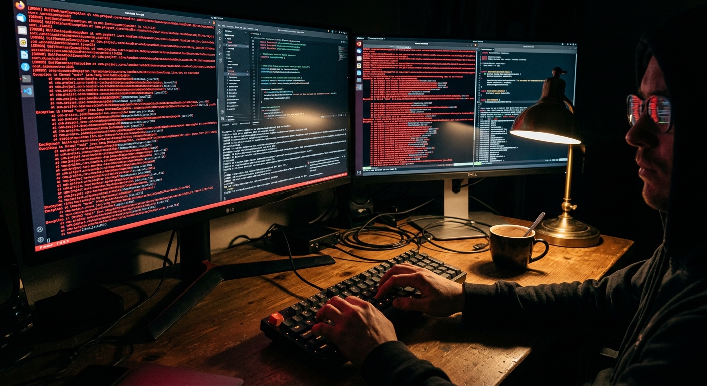 Technologický dluh e-shopu — vývojář v noci u dvou monitorů plných červených chybových hlášek