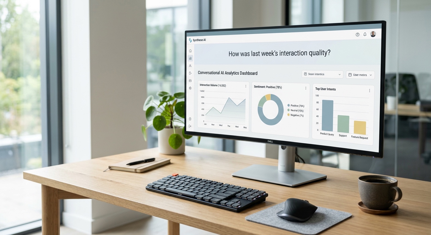 Technologický dluh — moderní pracoviště s konverzačním AI dashboardem na monitoru