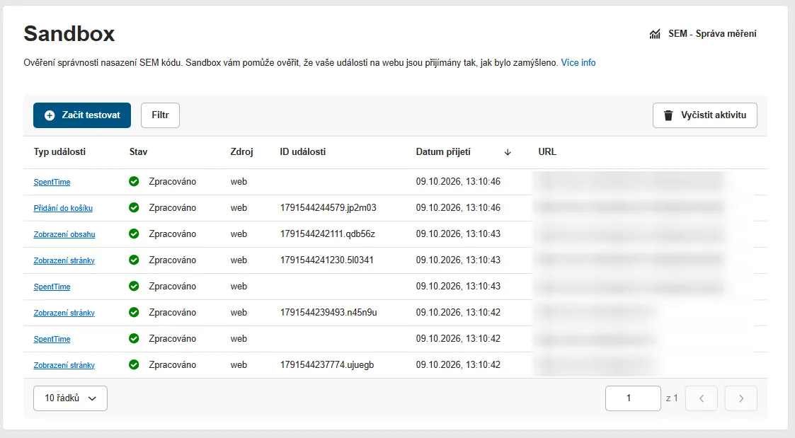SEM Sandbox: seznam přijatých událostí (zobrazení stránky, zobrazení obsahu, přidání do košíku, SpentTime) se stavem Zpracováno, časem přijetí a URL