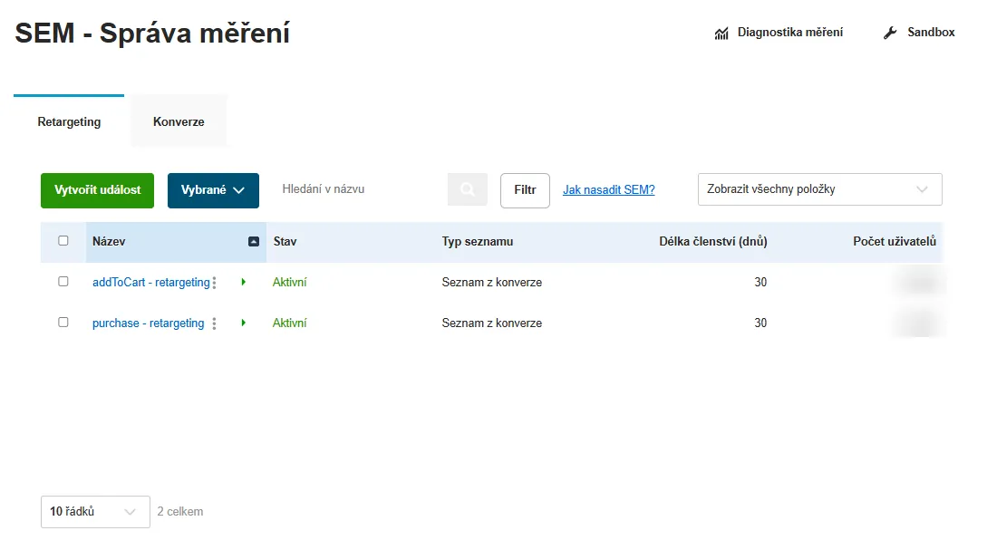 SEM – Správa měření, záložka Retargeting: seznamy addToCart a purchase vytvořené z konverzí, délka členství 30 dní a počet uživatelů